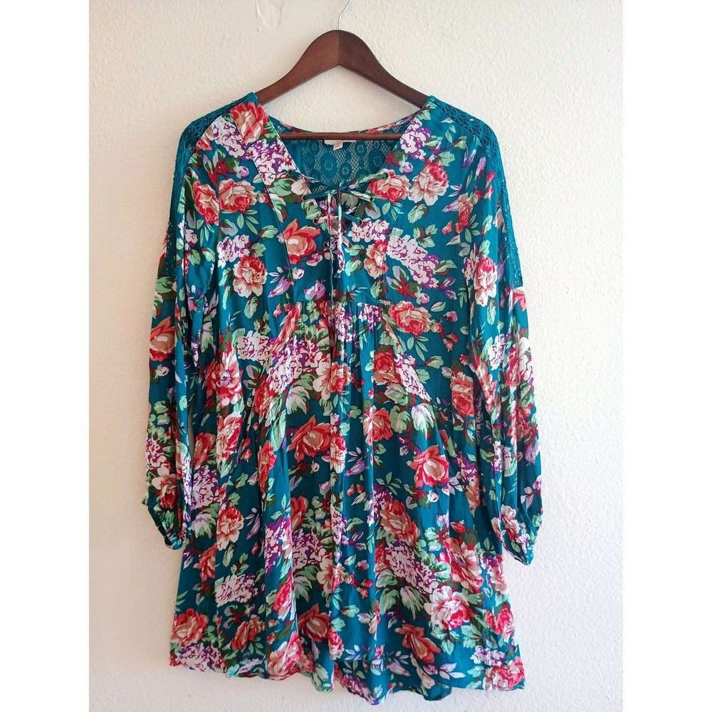 Umgee Teal Floral Lace Up Mini Dress Crochet Lace Back Boho Long Sleeve Small